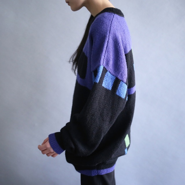 "初号機" good coloring square pattern loose silhouette sweater