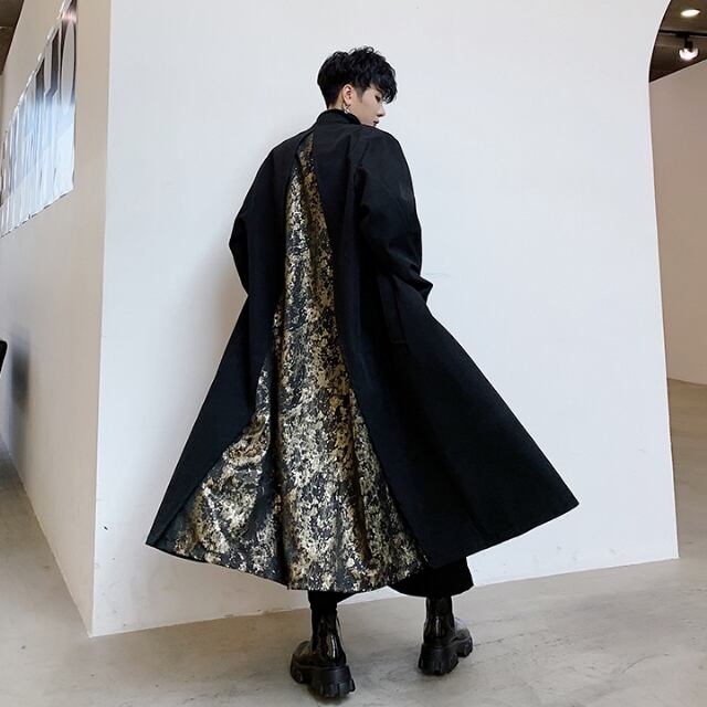 【予約販売】コート アウター ロング丈 インパクト モード 防寒 メンズ ブラック ゴールド モノトーン 男前 シック 防寒 お洒落 こなれ感 ベーシック 秋冬 大きいサイズ M/L/XL