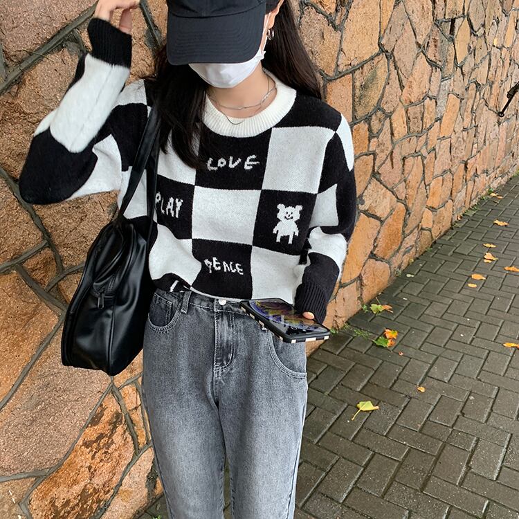 プルオーバー セーター オータムブラックホワイトニットトップス ロング 大人ガーリー スウィート キュート カジュアル 秋物 モンロー96305785222