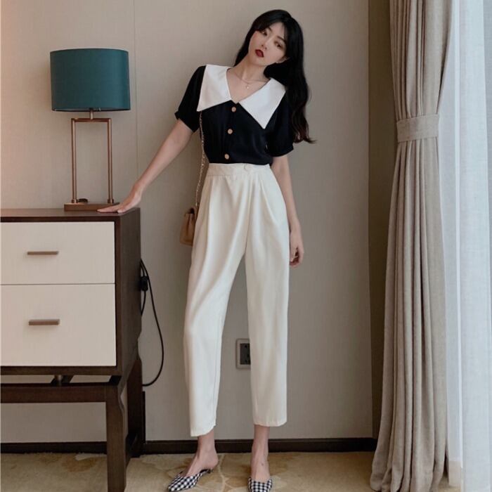 フランスのレトロなスーツ2020新しい女性の夏の洋風ストレート9ポイントカジュアルパンツシフォンシャツトップス 1号婦人25326449693