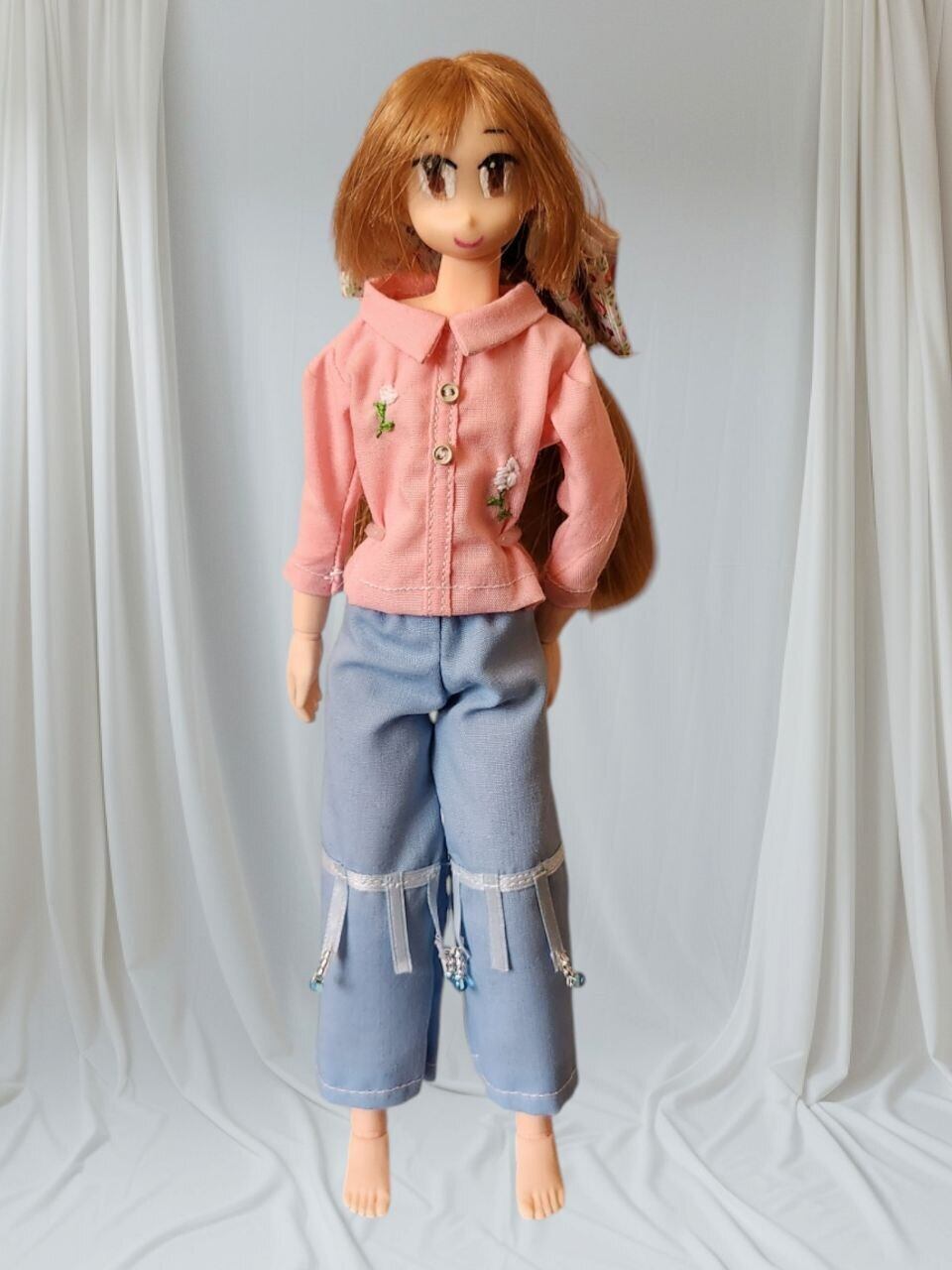 1/6ドール用アウトフィット 3点セット 刺繍入り襟付きシャツ＆パンツ