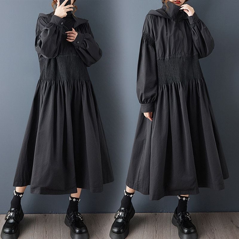HOODED SMOCKED WAIST LONG SLEEVE MIDI COAT M-18871