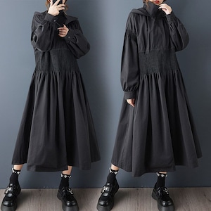 HOODED SMOCKED WAIST LONG SLEEVE MIDI COAT M-18871