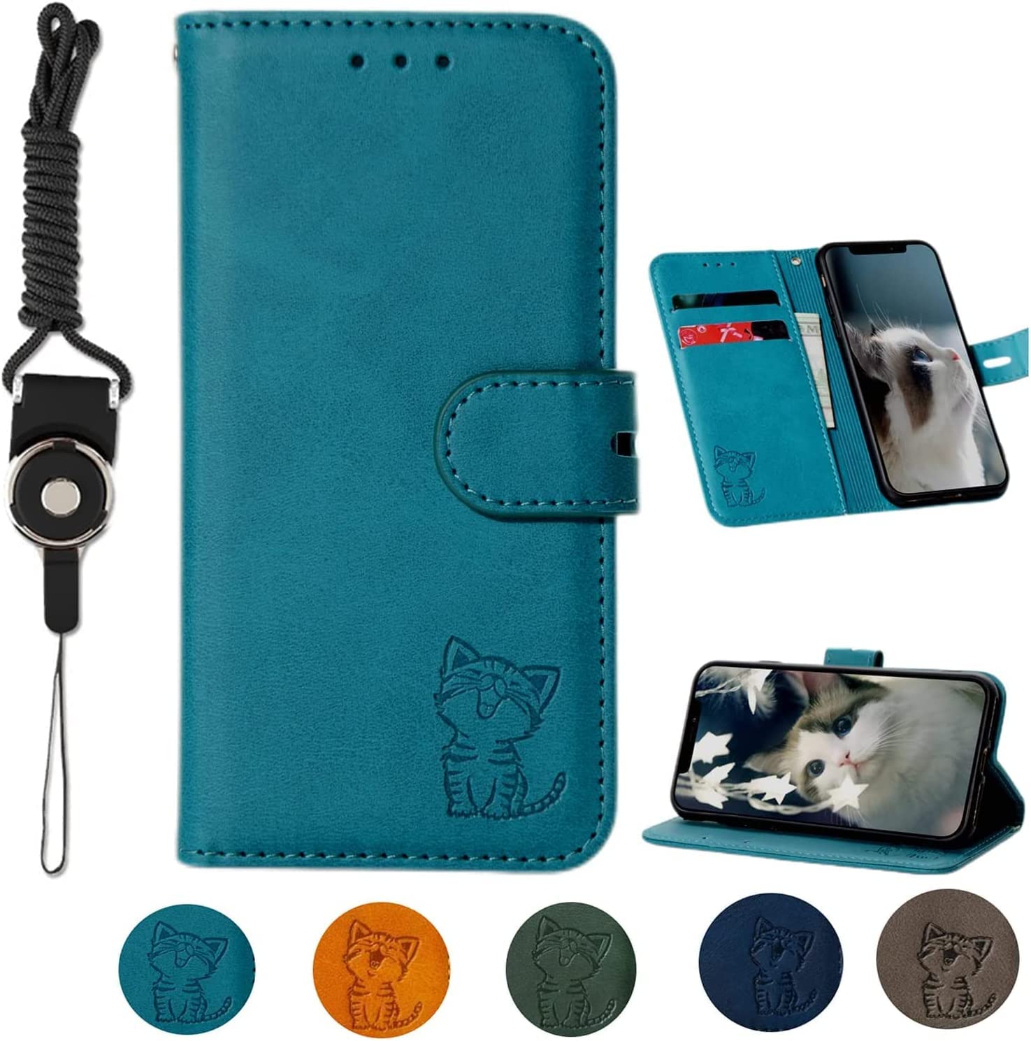 らくらくスマートフォン F-53E 用のケース 手帳型 docomo F-53E かわいい おしゃれ 猫 ストラップ付 カード収納 財布型 携帯カバー F-53Eマホケース 携帯ケース カバー (らくらくスマートフォン F-53E,ターコイズ)