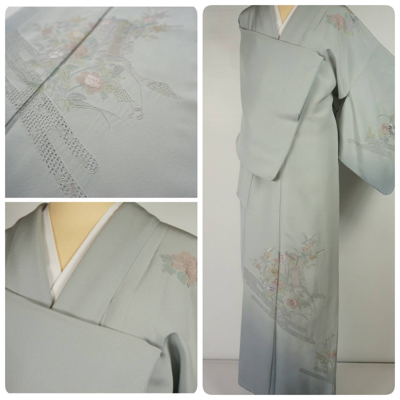 汕頭 蘇州 相良 総刺繍 一つ紋 訪問着 花 ヱ霞 正絹 水色 687 | kimono