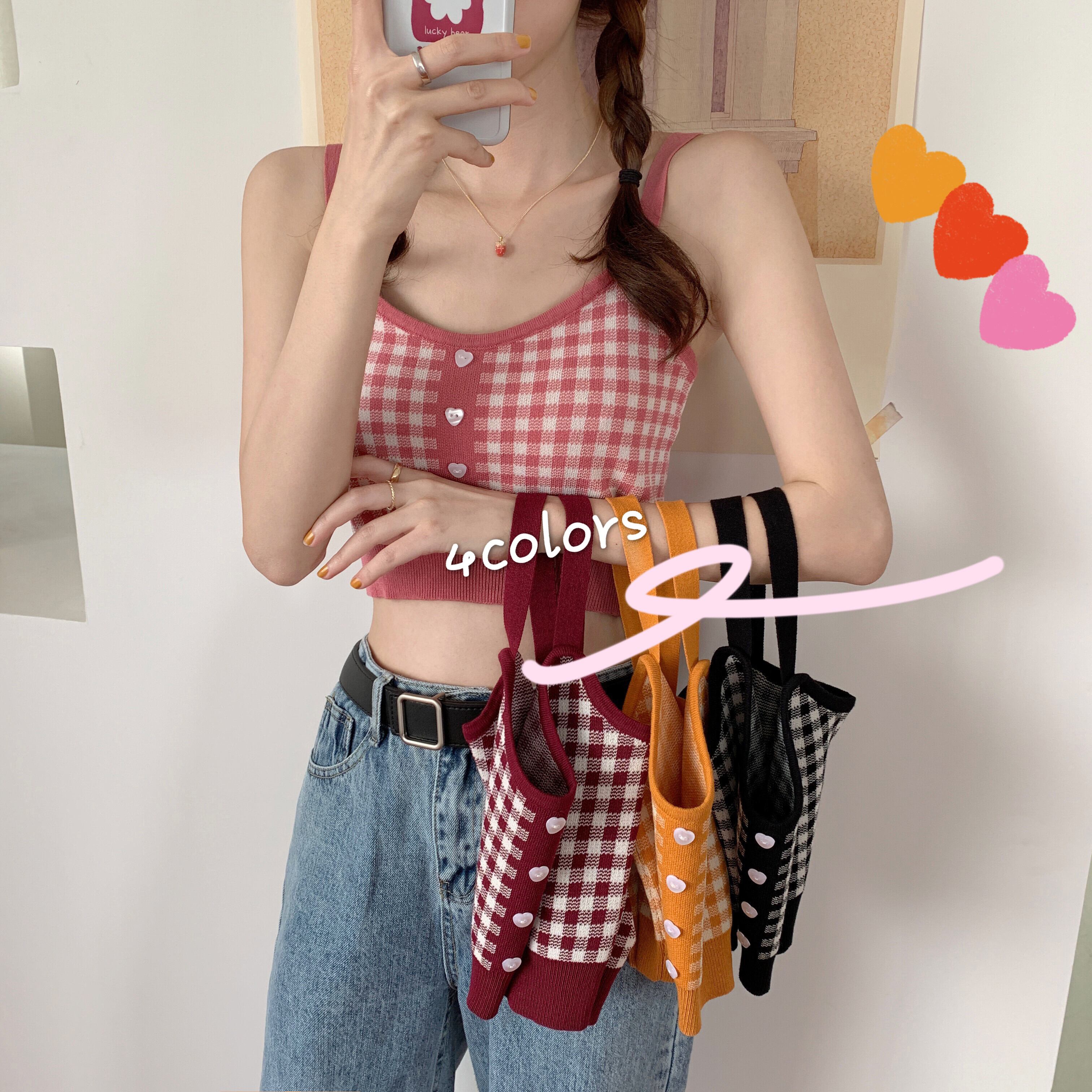 ネットレッドワイルドレトロチェック柄ショートニットボトミングシャツトップの小さなキャミソール女性アウターウェアトレンディなサマードレスバージョン 1号婦人804169664