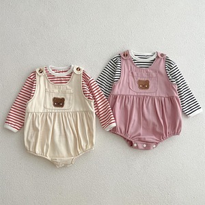 【秋作】熊柄サロペットロンパース＋ボーダーシャツ2点セット　全2色