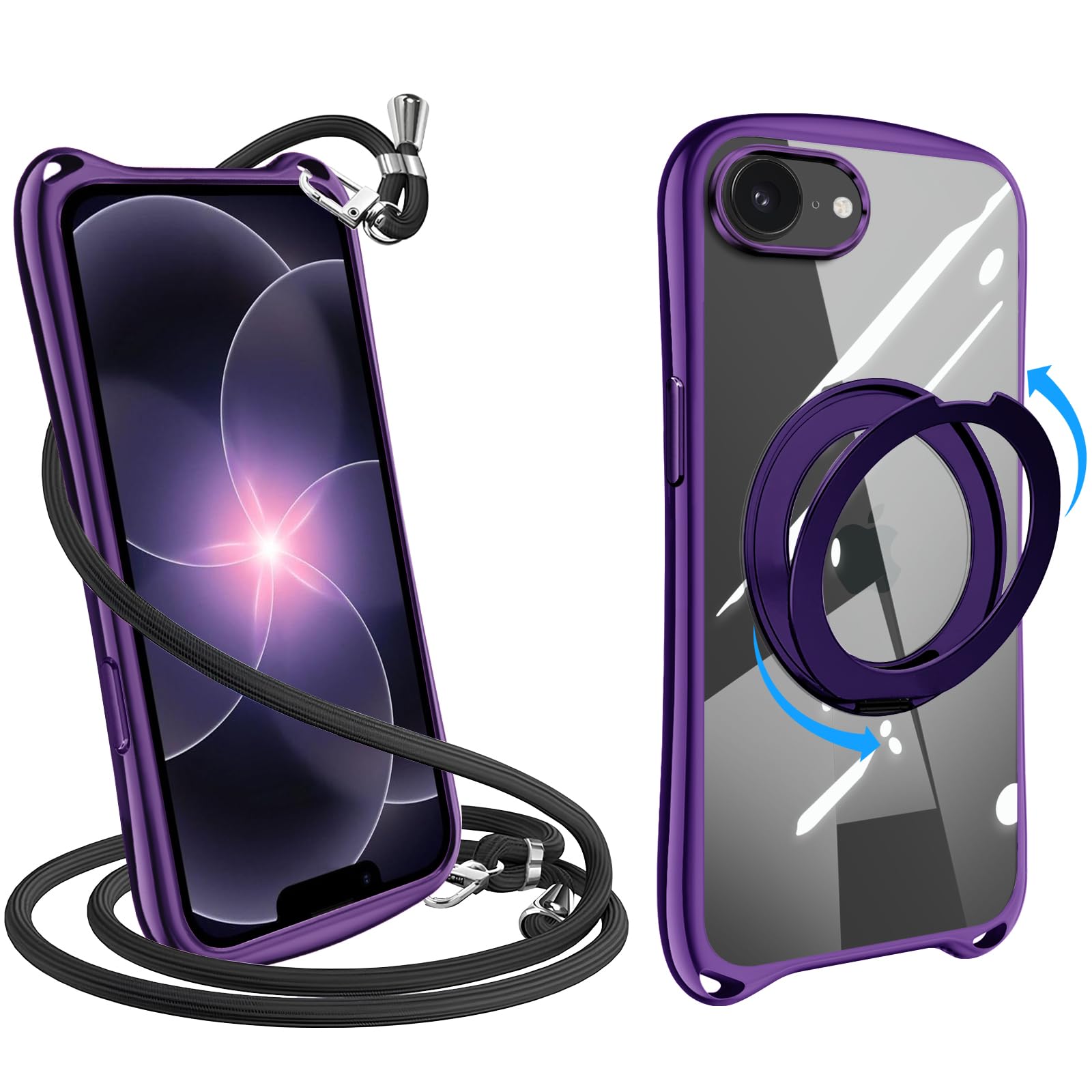 Guokaien iPhone 17e 16e 用の ケース ショルダー リング付き クリア ストラップ付き【360°回転スタンド・縦横両対応】いphone 17e/16e スマホケース アイフォン17e/16e カバー 耐衝撃 透明 TPU 肩掛け 首掛け 取り外し可能 長さ調整可能 スタンド機能付き 金属ボタン(ディープパープル)