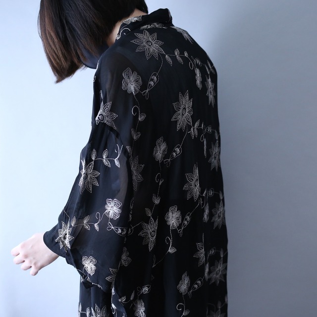 "刺繍" over wide silhouette black mode h/s see-through shirt