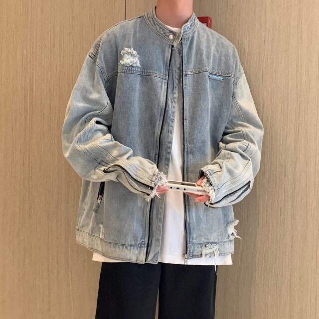 【予約販売】ブルゾン アウター Gジャン グラデーション デニム ブルー ダメージ ノーカラー メンズ お洒落 こなれ感 韓国 秋 春 大きいサイズ S/M/L/XL/2XL/3XL