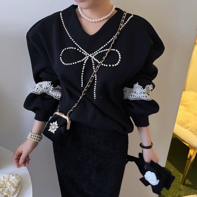 ADEAM カットオフ ショルダー パール リボン パフスリーブ ワンピース