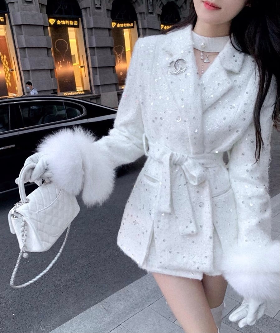 白 スパンコール キラキラ リボン ジャケット アウター コート