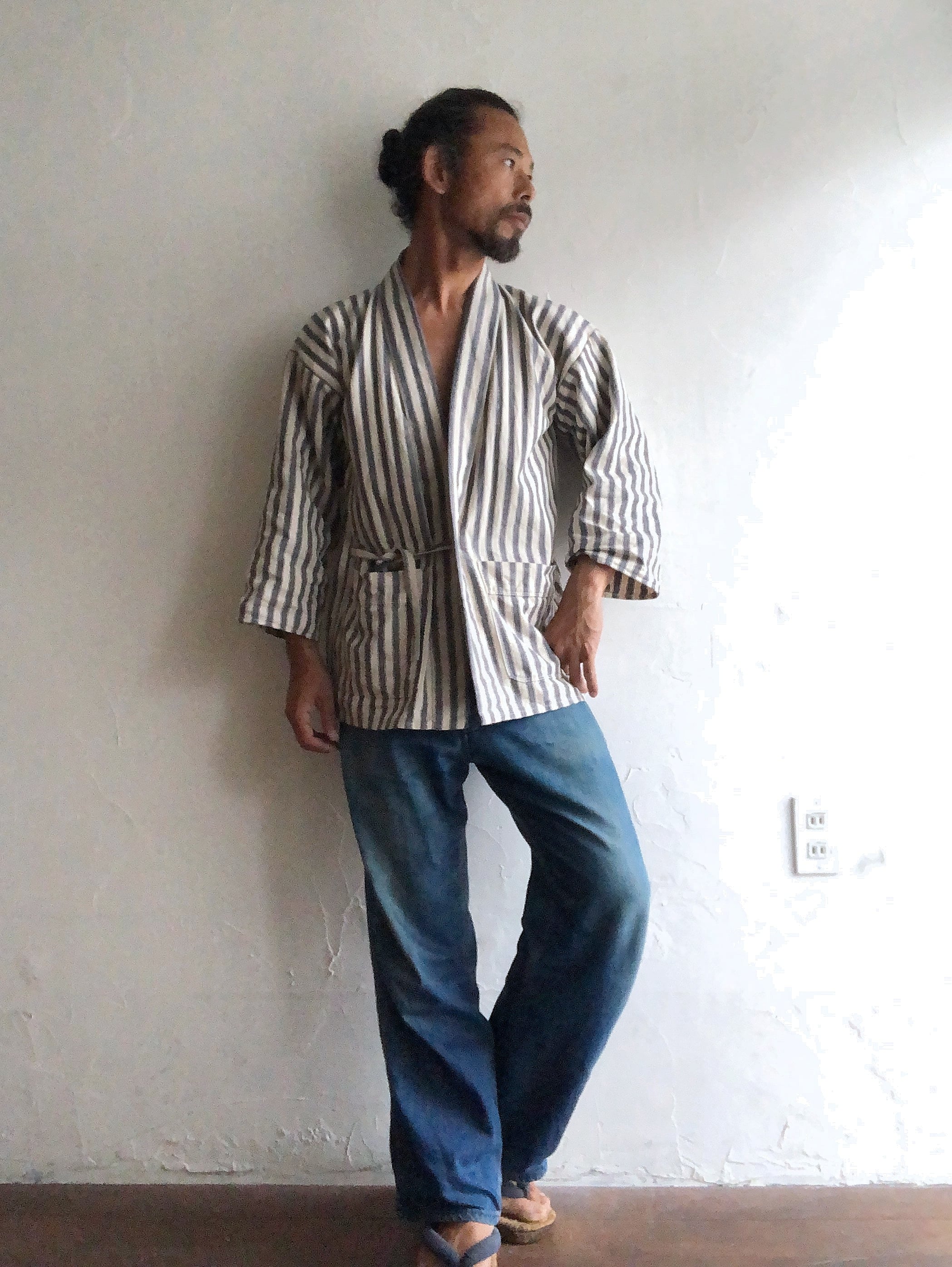 リネン羽織 夏の羽織もの 野良着 ≪NORAGI≫ コットンリネン ネイビー×オフ