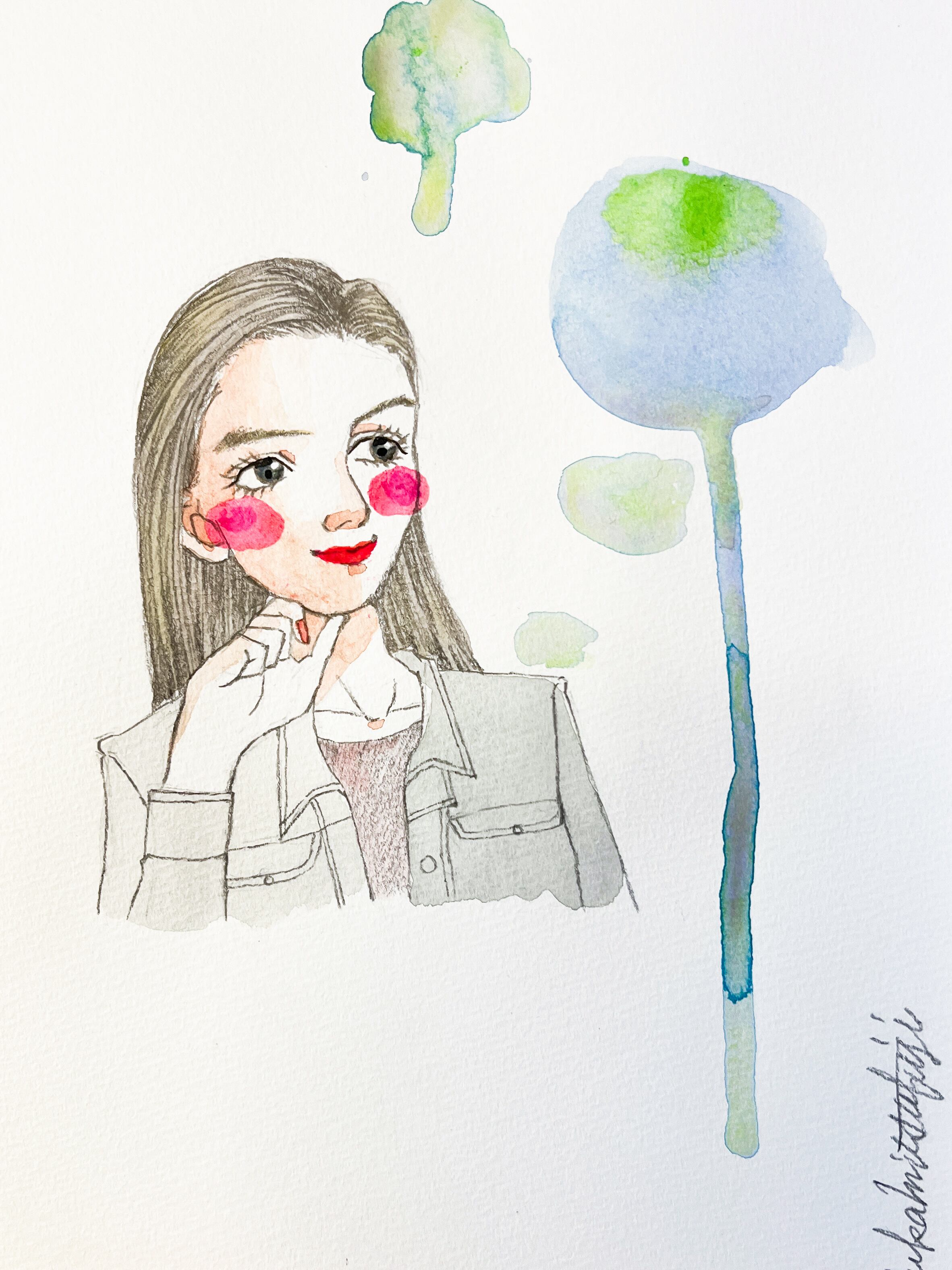 「woman,pink」水彩画 原画 B5 水彩イラスト B5原画 おしゃれな女性｜ Watercolor Illustration Woman