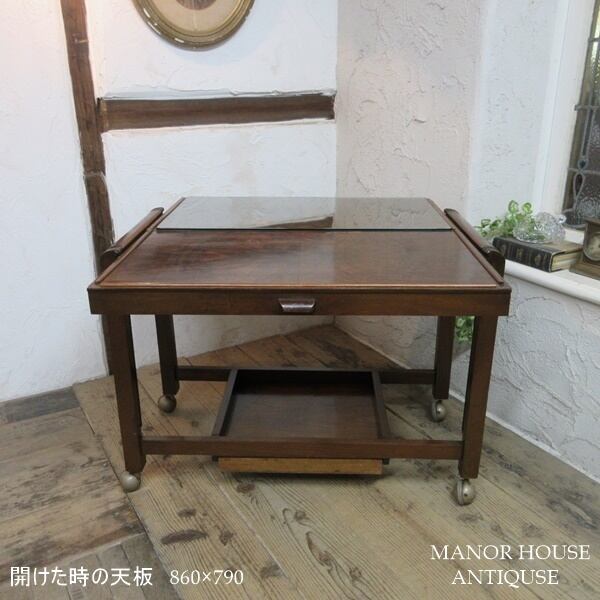 英国アンティーク木製ドロップリーフトロリーテーブル/収納式机ワゴン