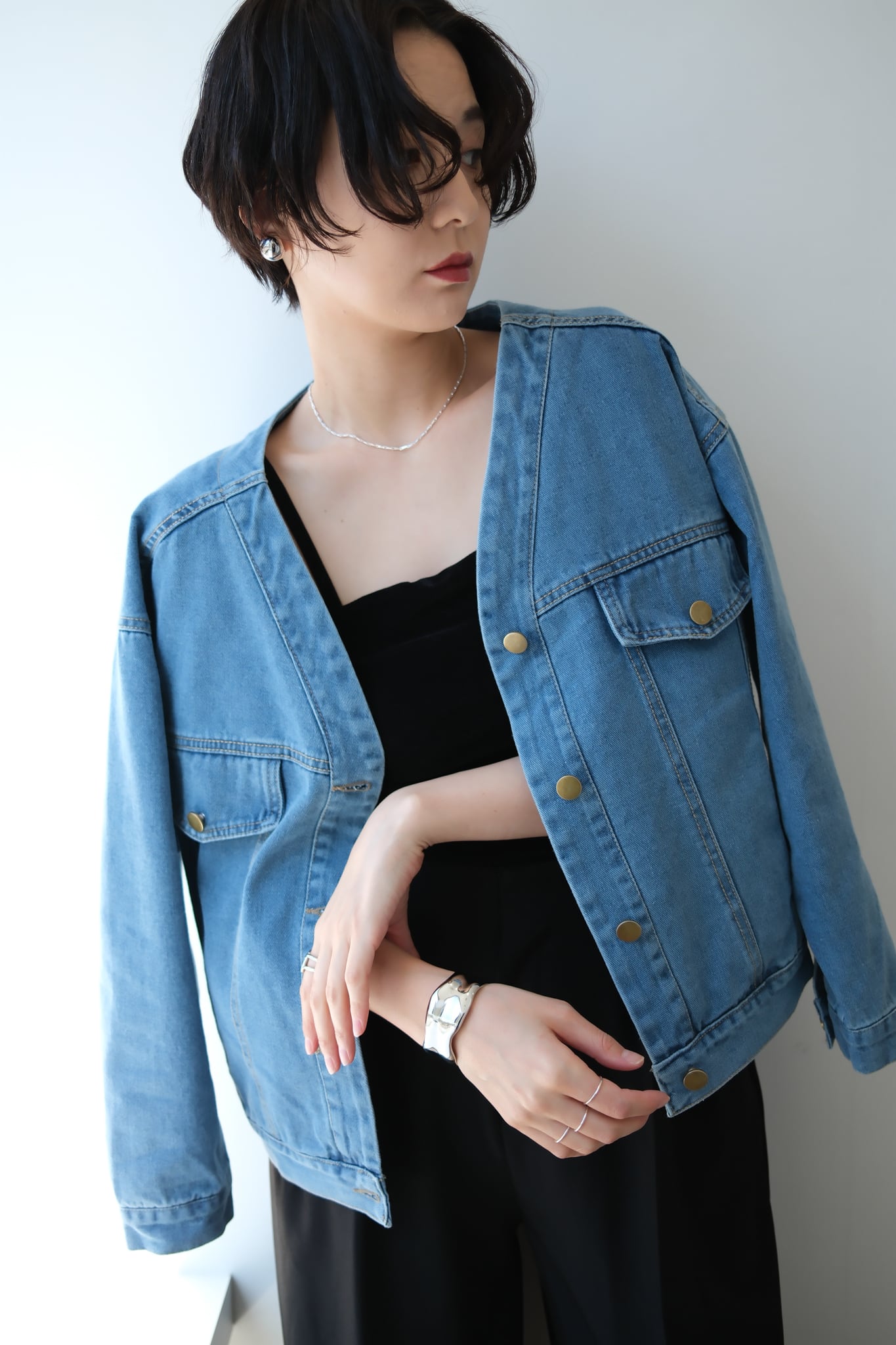 No-collar Denim Jacket ノーカラーデニムジャケット BLue | planet3rd