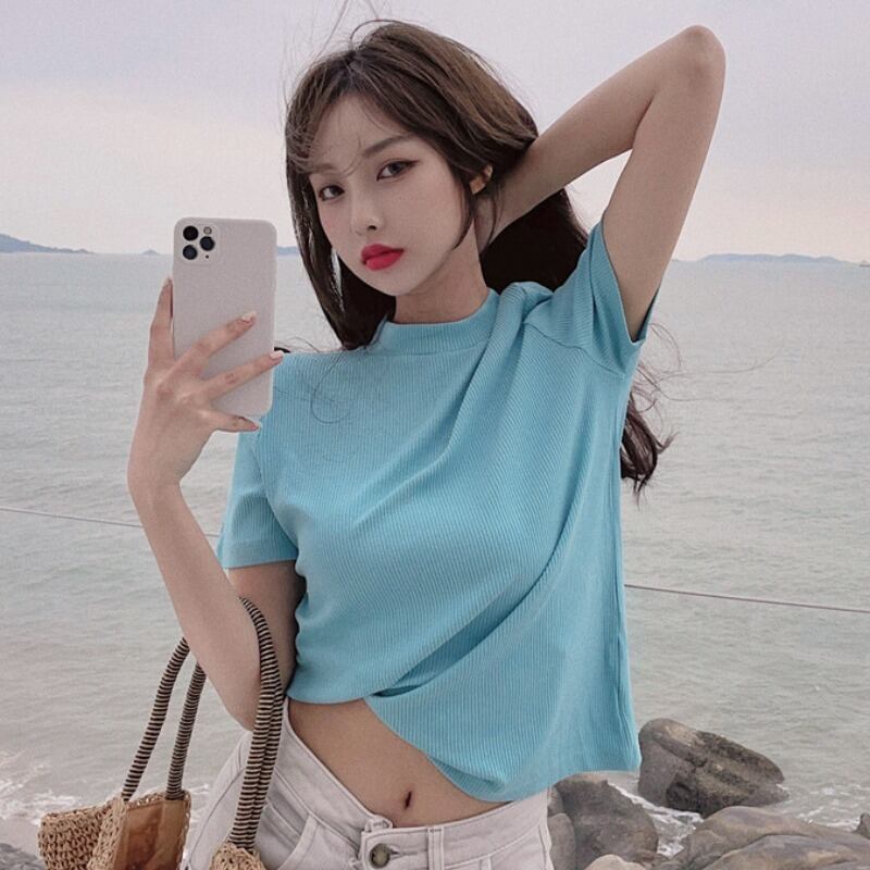 Tシャツ シャツ レディースサマーニットリブソリッド カラースリムトップス 夏物 ソリッドカラー YY-ファッション8172544575