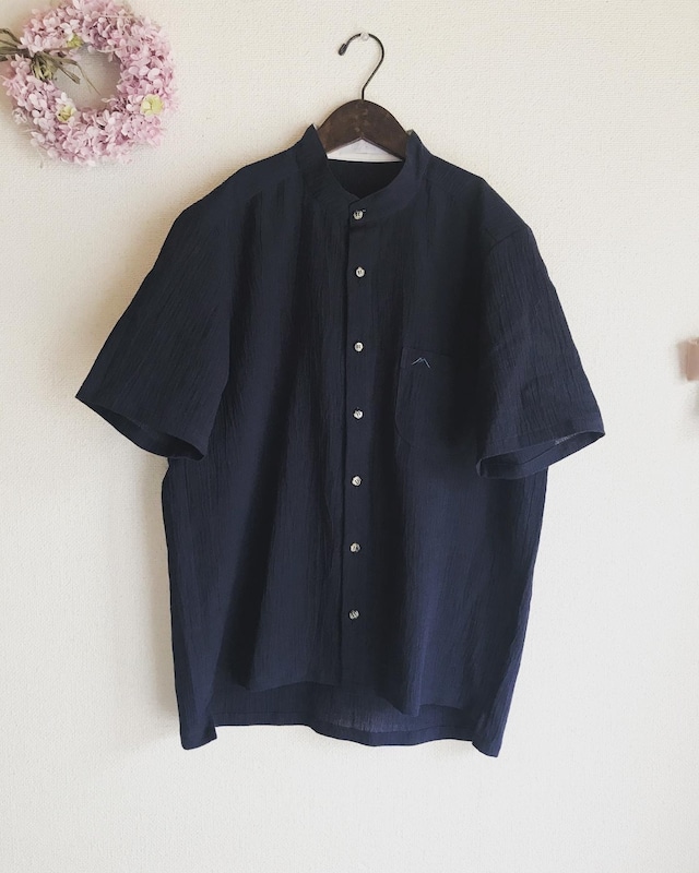 men's  追撚ワッシャー 楊柳 スクエアカット半袖シャツ navy