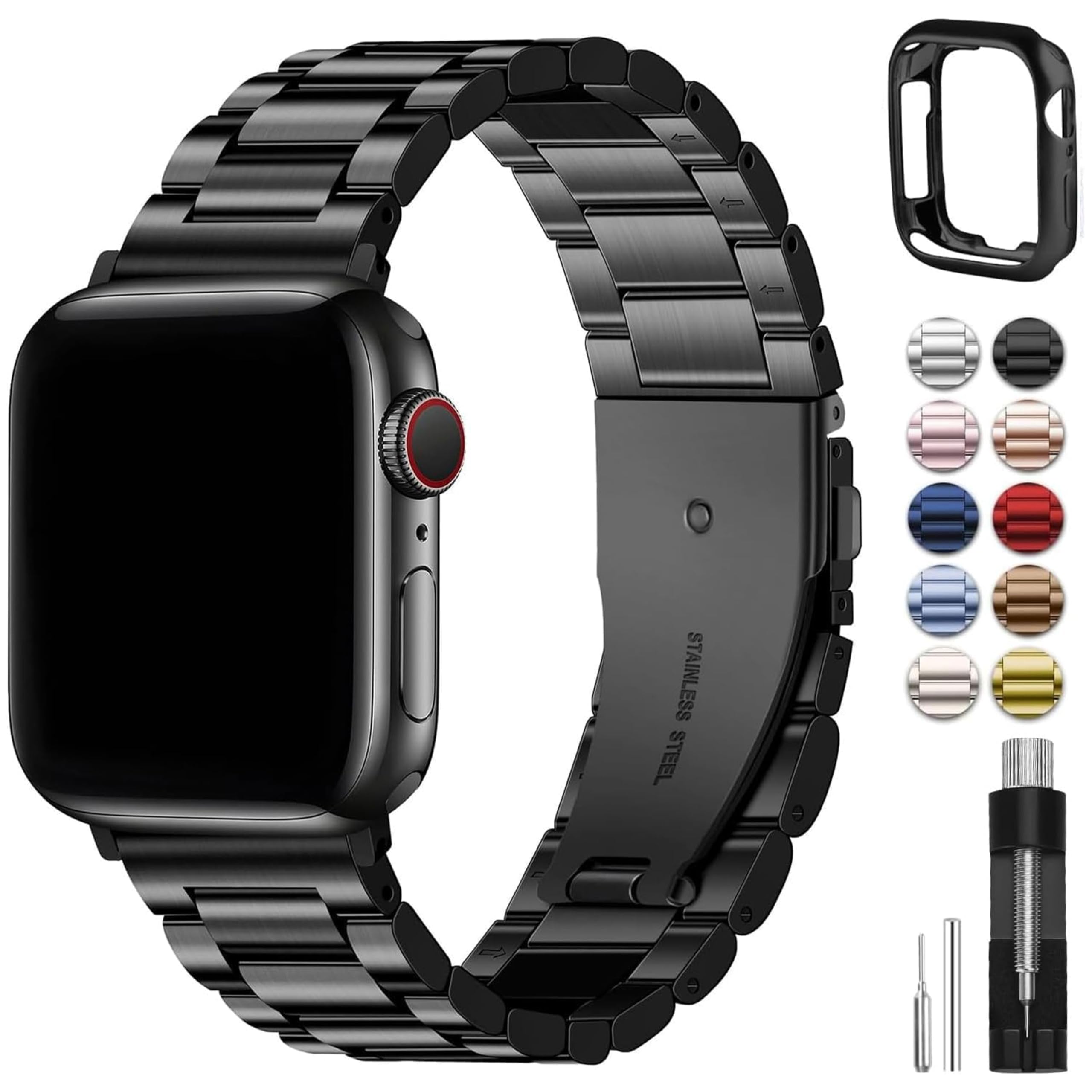【人気】for Apple Watch バンド 41mm 40mm 38mm 保護ケース付き ステンレス ベルト アップルウォッチ 交換ベルト Apple Watch 9/8/7/SE2/6/SE/5/4/3/2/1対応 iWatch バンド 男女兼用 おしゃれ 長さ調整器具付き(38/40/41mm ブラック)
