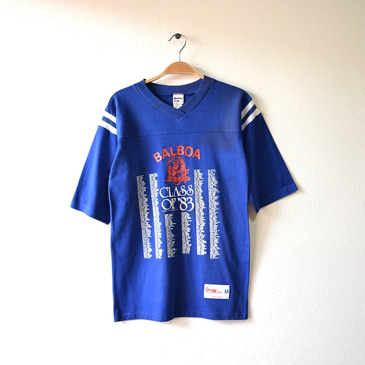 80S USA製 バルボア ヴィンテージ フットボール 半袖 プリント Tシャツ メンズS/M程度 青色 ※シミあり @BB0015