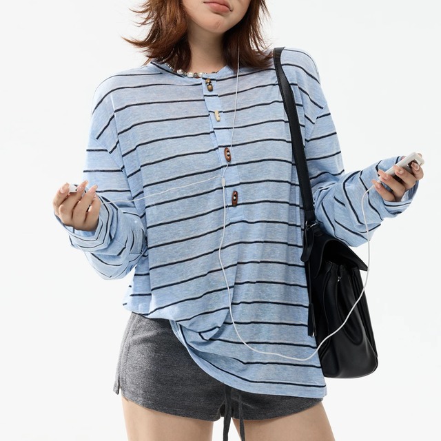 button-front blue border long tee　ボタンフロントブルーボーダーロングティー　J2106