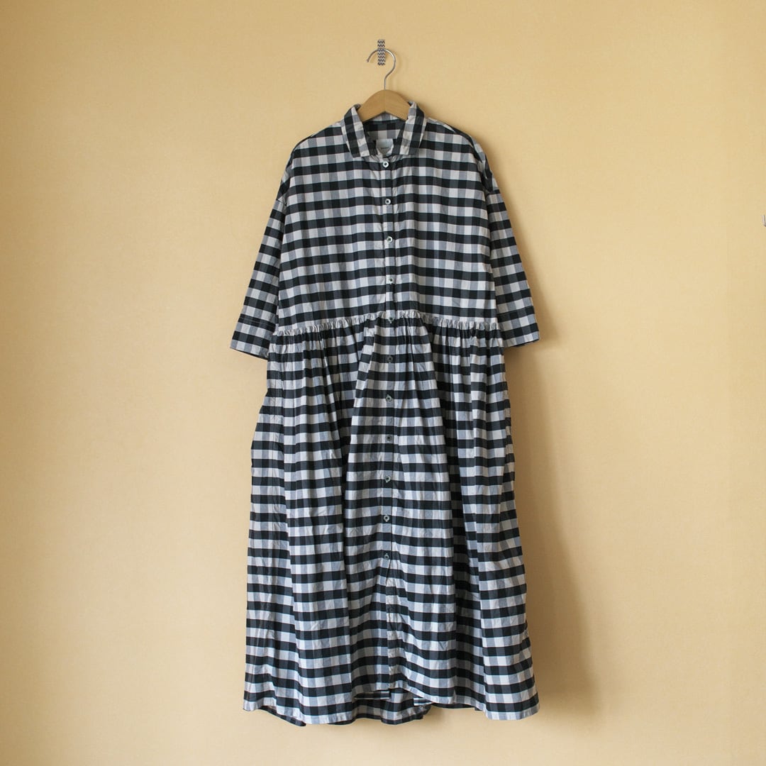Gauze ガーゼ G526 Gingham Switching Gather Shirt One Piece ギンガクスウィッチングギャザーシャツ ワンピース ブラック X カフェオレ Chelsea チェルシーオンラインショップ 四日市