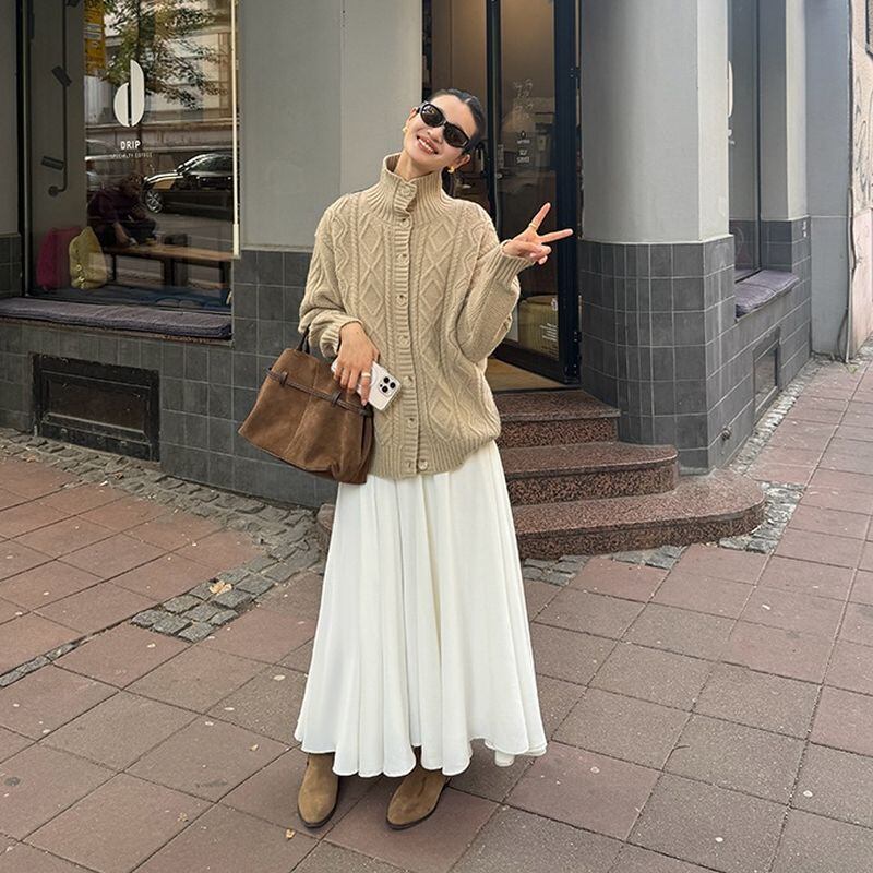 High waist white flared long skirt TH3129 | Leithy