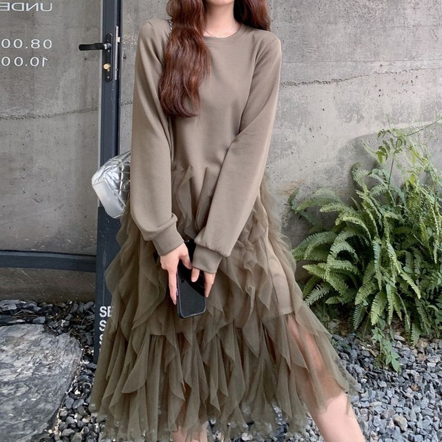 ボリュームフリルスウェット長袖ワンピース　L1070