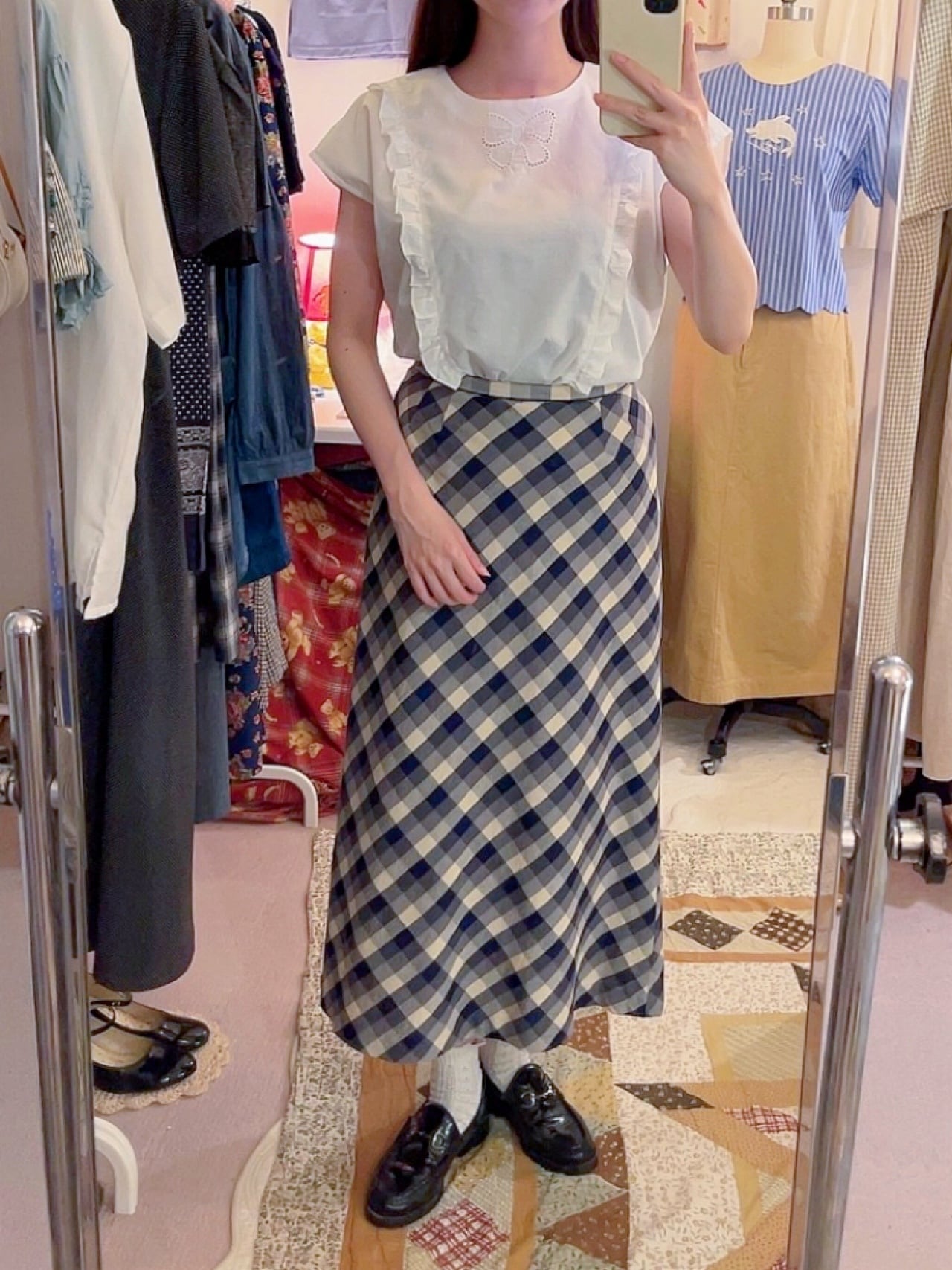 blue ivory check long skirt