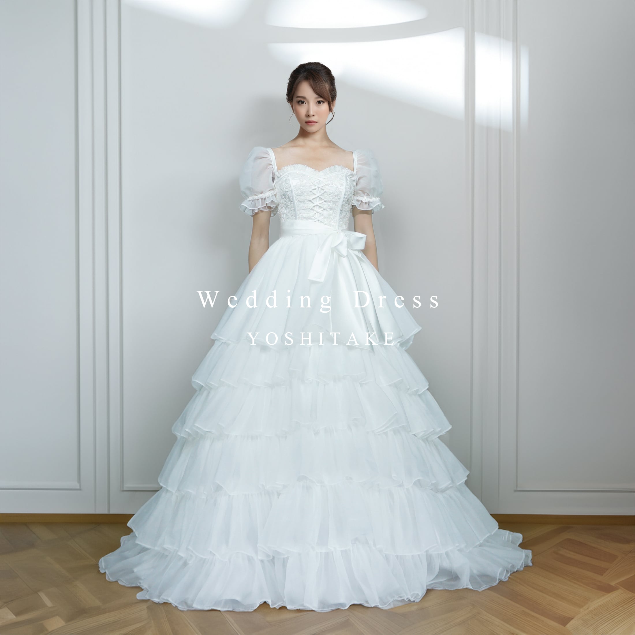 YOSHITAKE ウェディングドレス ウエディングドレス.白.レース.バックリボン.Aライン.ロングスリーブ