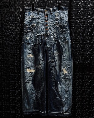 【ÆIEM】Yuumu Abe “Abyssal Scars” multi-layer destroyed reconstructed wide denim pants
