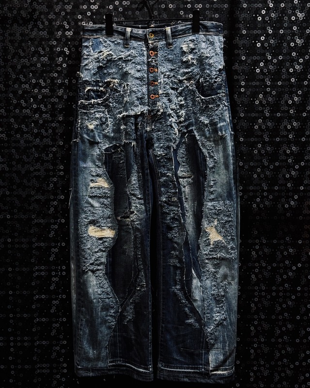 【ÆIEM】Yuumu Abe “Abyssal Scars” multi-layer destroyed reconstructed wide denim pants