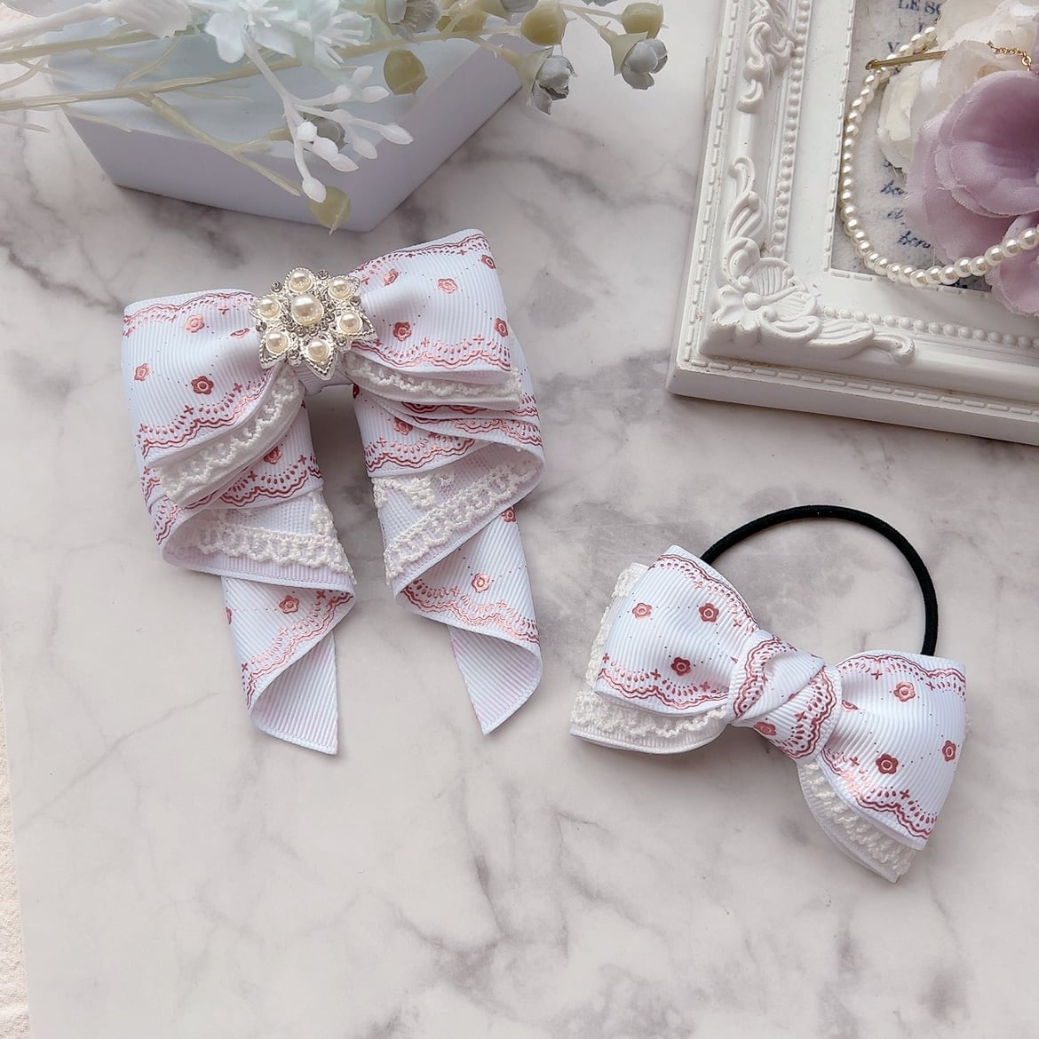 ネット販売済み リボン ヘアゴム♡カノンリボン～long～♡花柄ブルー