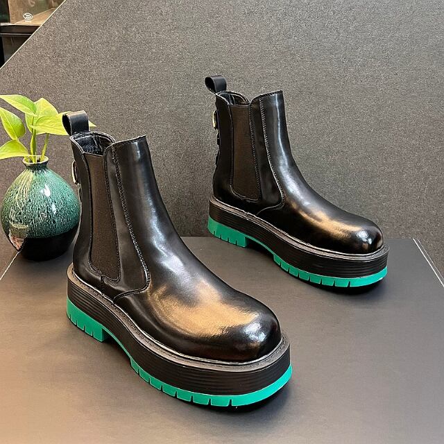 【予約販売】 ブーツ サイドゴア 厚底 レザーシューズ メンズ ハイトップ ホワイト ブラック×グリーン ハイカット シューズ 靴 厚底 お洒落 カジュアル シック 24cm/24.5cm/25cm/25.5cm/26cm/26.5cm