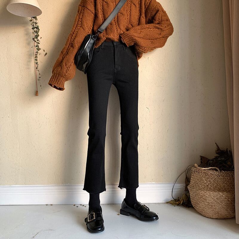 ブラックハイウェストジーンズ 薄手パンツ レッド ウィンター 冬物 試着室20801888043