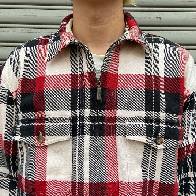 エディーバウアー ハーフジップヘビーネルシャツ 90s~00s チェック柄 レッド系 M