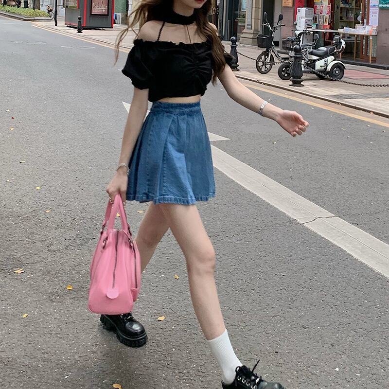 カジュアルスタンダードプリーツAラインショートスカート ハイウェストウェスト薄手サマー レトロ 夏物 ドラファッションホール69297228167