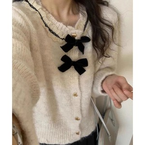 ニット カーディガン 長袖 レディース 春秋冬 韓国 レトロ きれいめ フェミニン 大人 かわいい 襟レース リボン フリル おしゃれ ハートボタン ショート丈 大人可愛い 大人女子