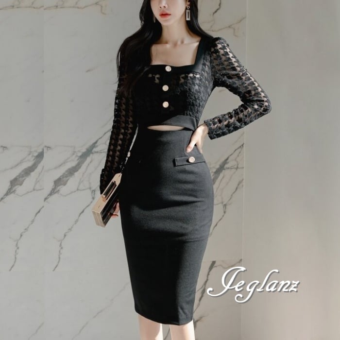 パーティ ドレス ワンピース 異素材 レース カットアウト タイト 肌見せ(M8938)ζ