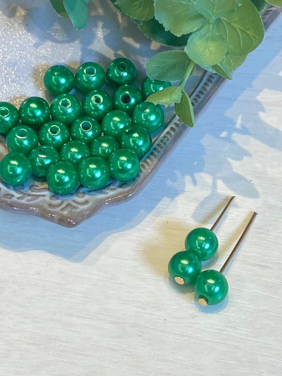 カラーパール パールビーズ 8mm 100個 グリーン 緑 両穴 樹脂