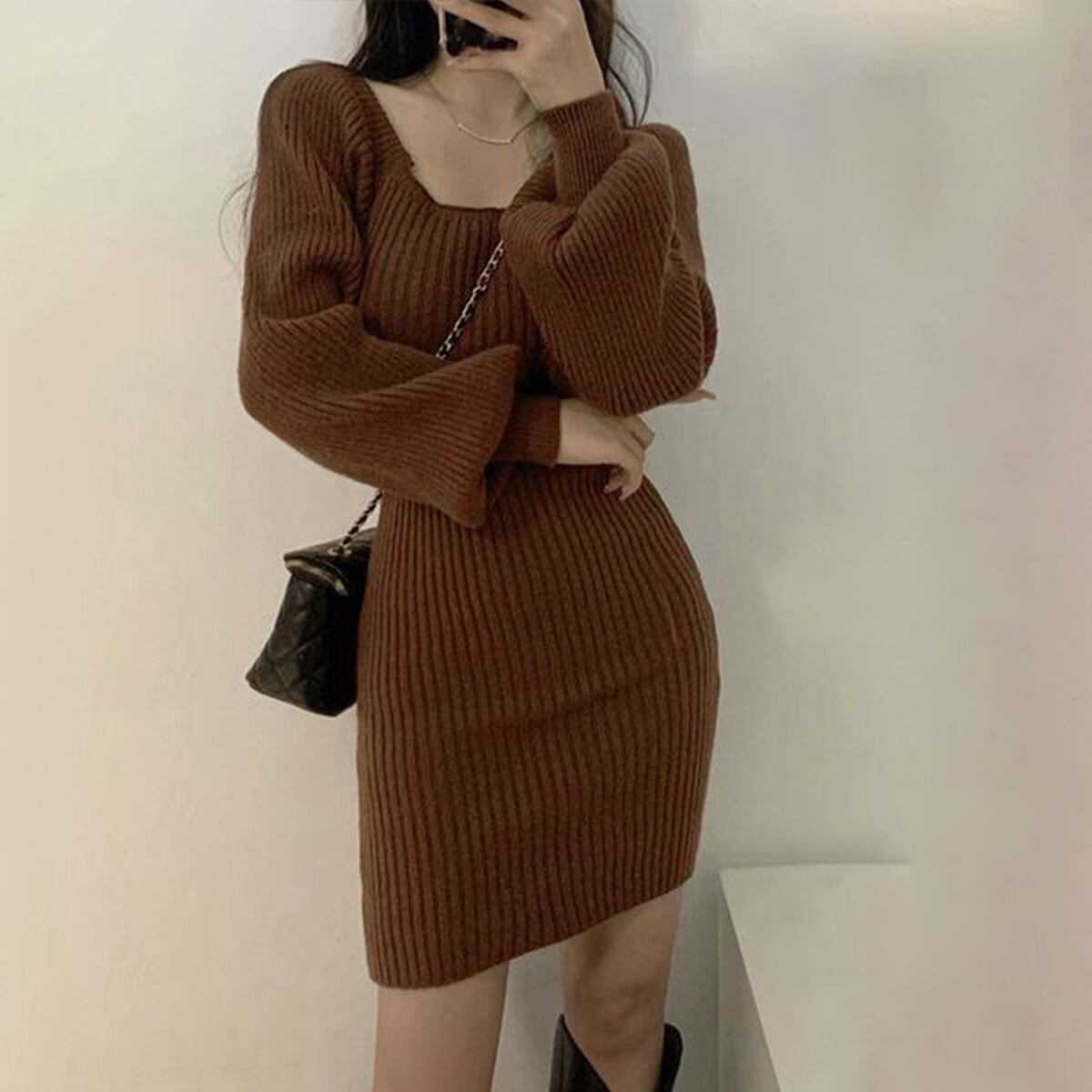 リブニット ワンピース 長袖 レディース 韓国 きれいめ おしゃれ 大人 かわいい ミニワンピース ゆったり スクエアネック パフスリーブ 大人可愛い 大人女子