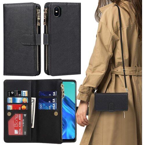 Galaxy A22 5G ケース 手帳型 ショルダー A22 5G カバー A22 ケース galaxy SC56B ケース A225G スマホケース A22ケース 手帳型 CASE iCoverCase ストラップホール付き カード収納 バッグ マグネット 留め具 肩がけ 首掛け 斜め掛け カードケース ファスナー型 ストラップ付き カバー ショルダーケース クロスボディケース カード入れ スマホケース 携帯カバー ブラック 1076