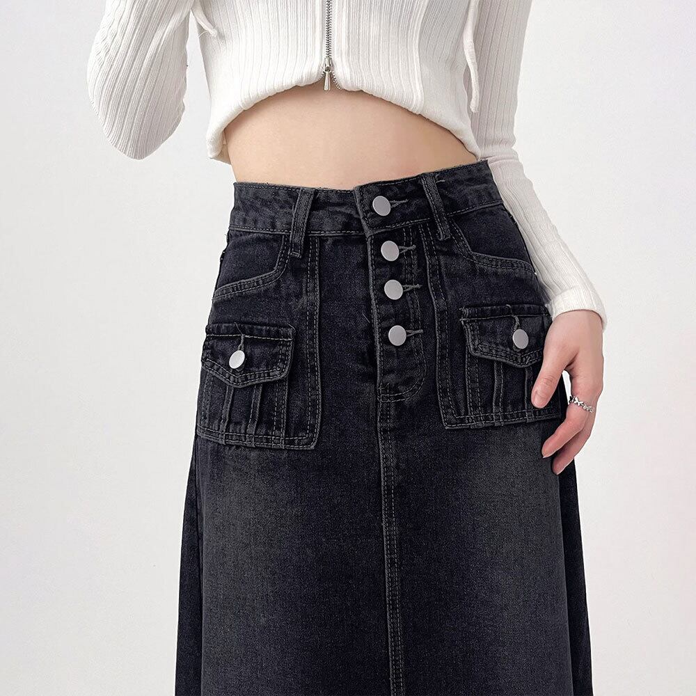 デニム ロングスカート レディース 韓国 ヴィンテージ 大人 カジュアル おしゃれ Aライン ゆったり 体型カバー フリンジ デニムスカート ハイウエスト 大人可愛い 大人女子