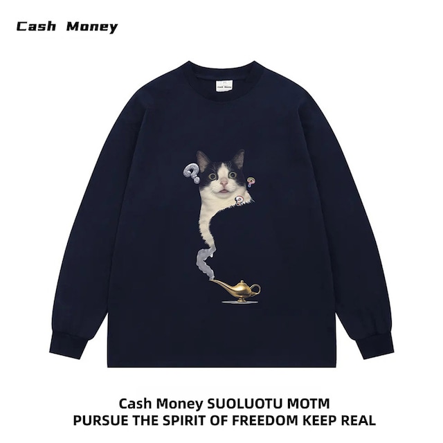 【Cash Moneyシリーズ】★トップス★ 4color スウェット 男女兼用 メンズ カートゥーン 猫 猫柄 ねこ ネコ 黒 青 灰 白