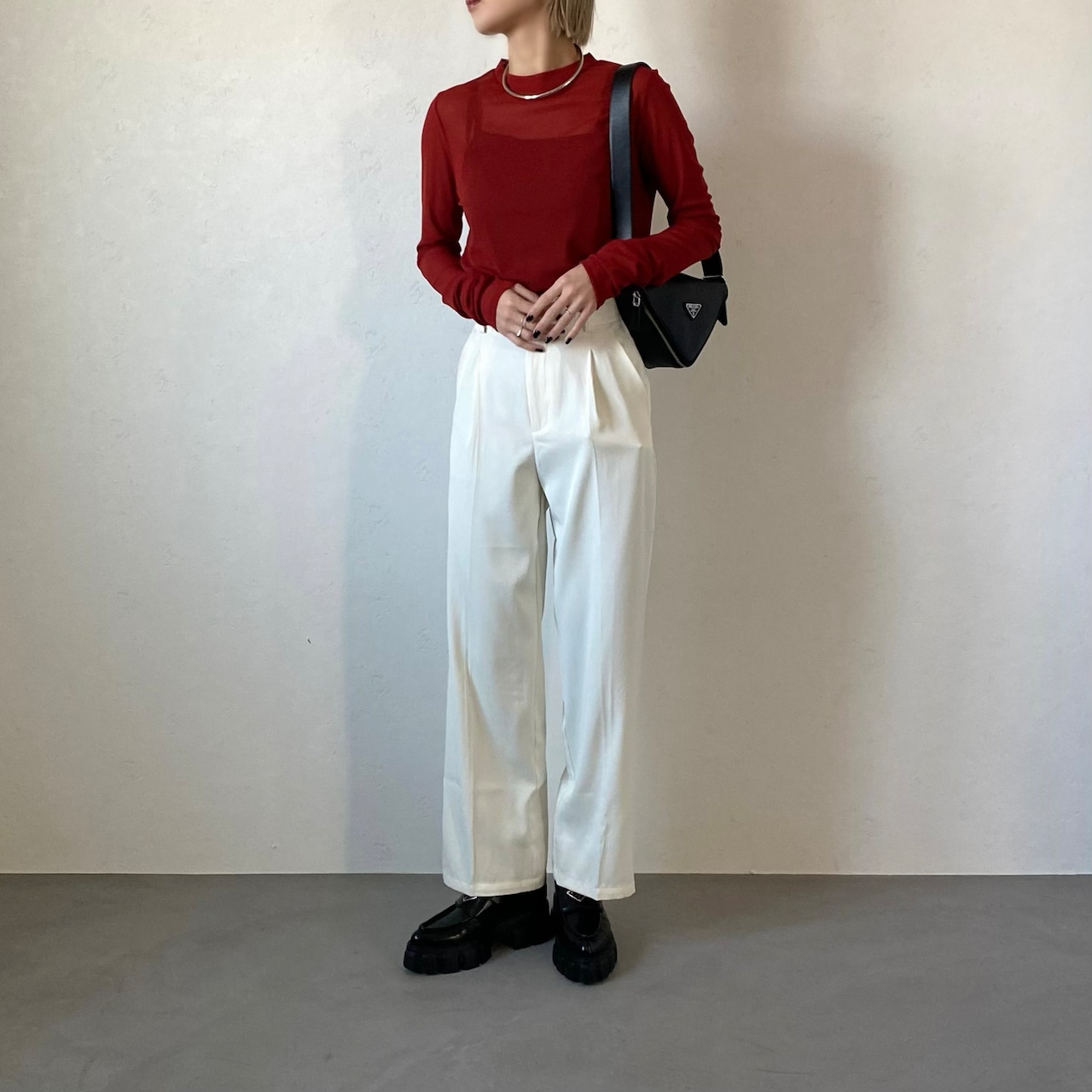 tulle sheer crew neck tops/red