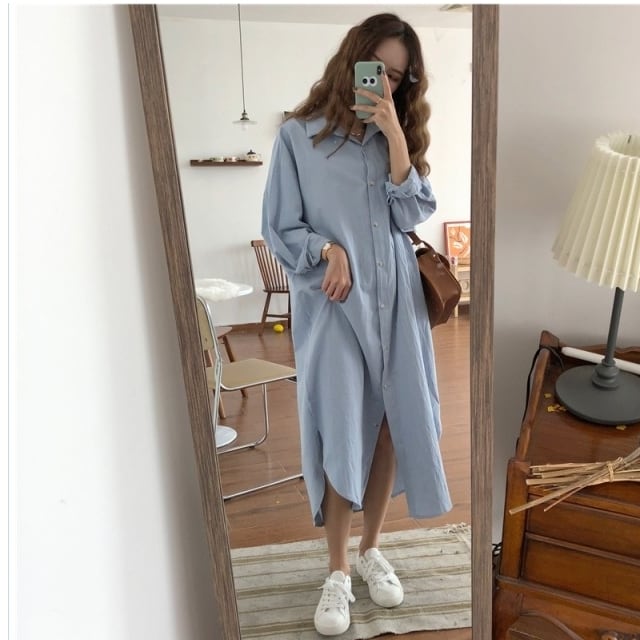韓国 冬服 レディース 大きいサイズ シャツワンピース ロング丈