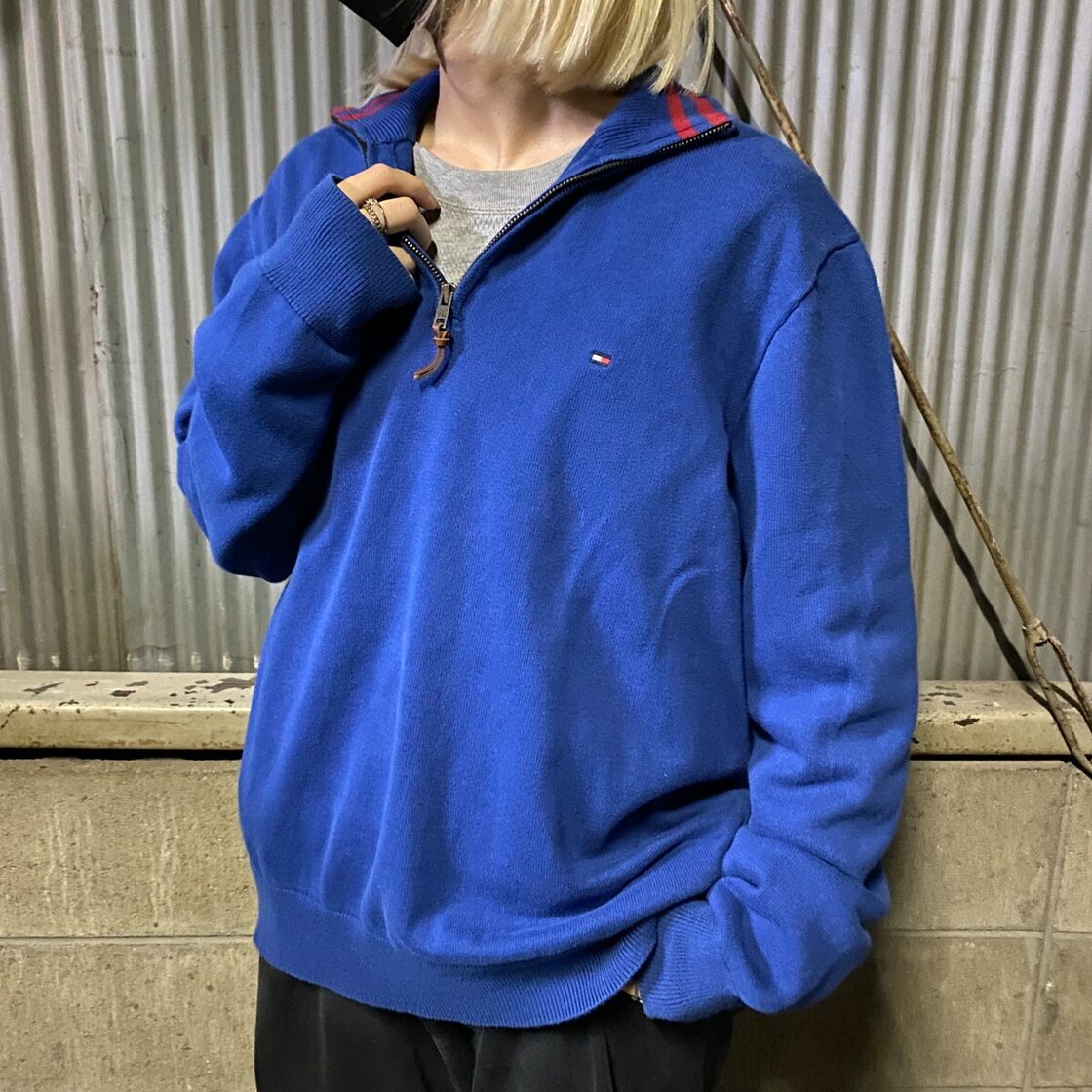 トミーヒルフィガー ハーフジップ リブスウェット メンズXL 古着 TOMMY 