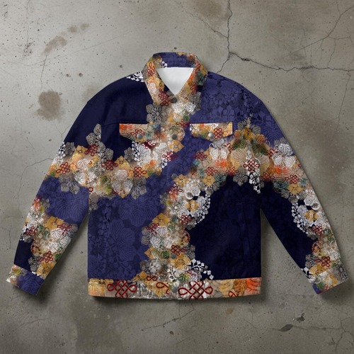 和紋様装飾　紫　和柄　コットンデニム風ジャケット