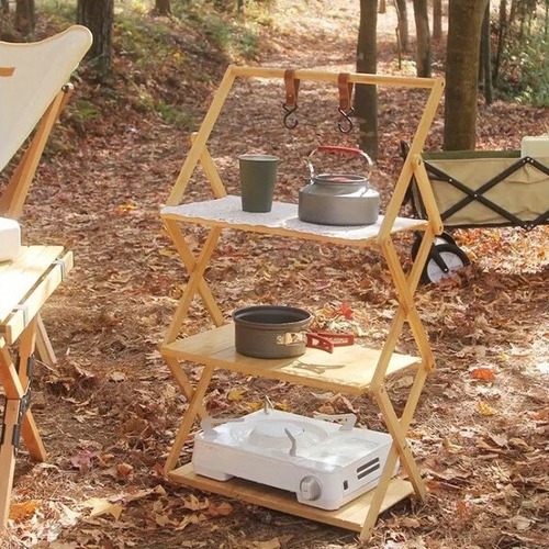 アウトドア マルチテーブル マルチファンクションソリッド ウッド 折りたたみ収納ラック キャンプバーベキュー