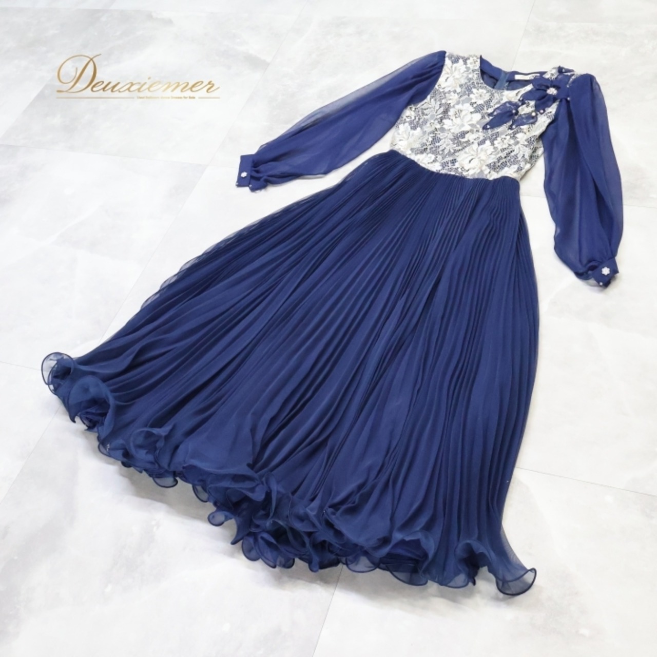 パーティドレス ワンピース ドレス ネイビー系 ファッション アルファ Fashionα 紺 レース プリーツ 上品 パーティ 発表会 演奏会 フォーマル ダンス レディース おしゃれ